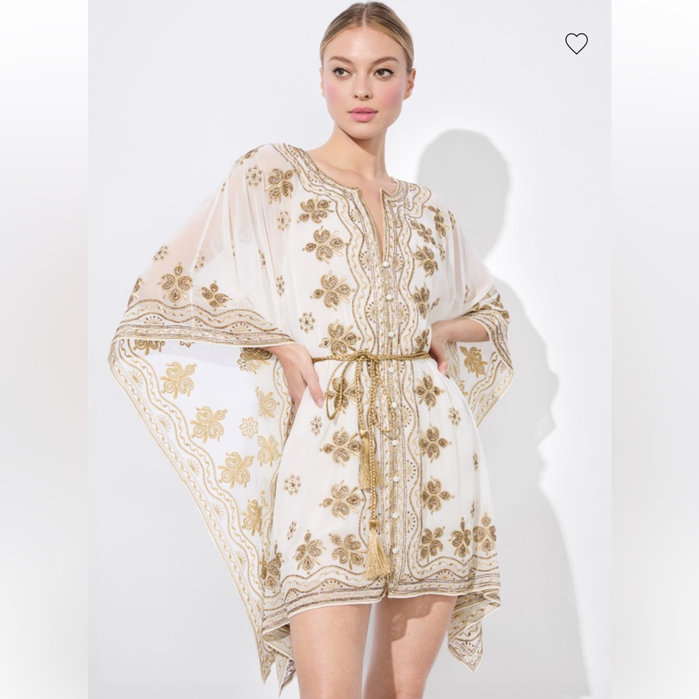 Alice + Olivia White Mini Dress with Gold Embroidery